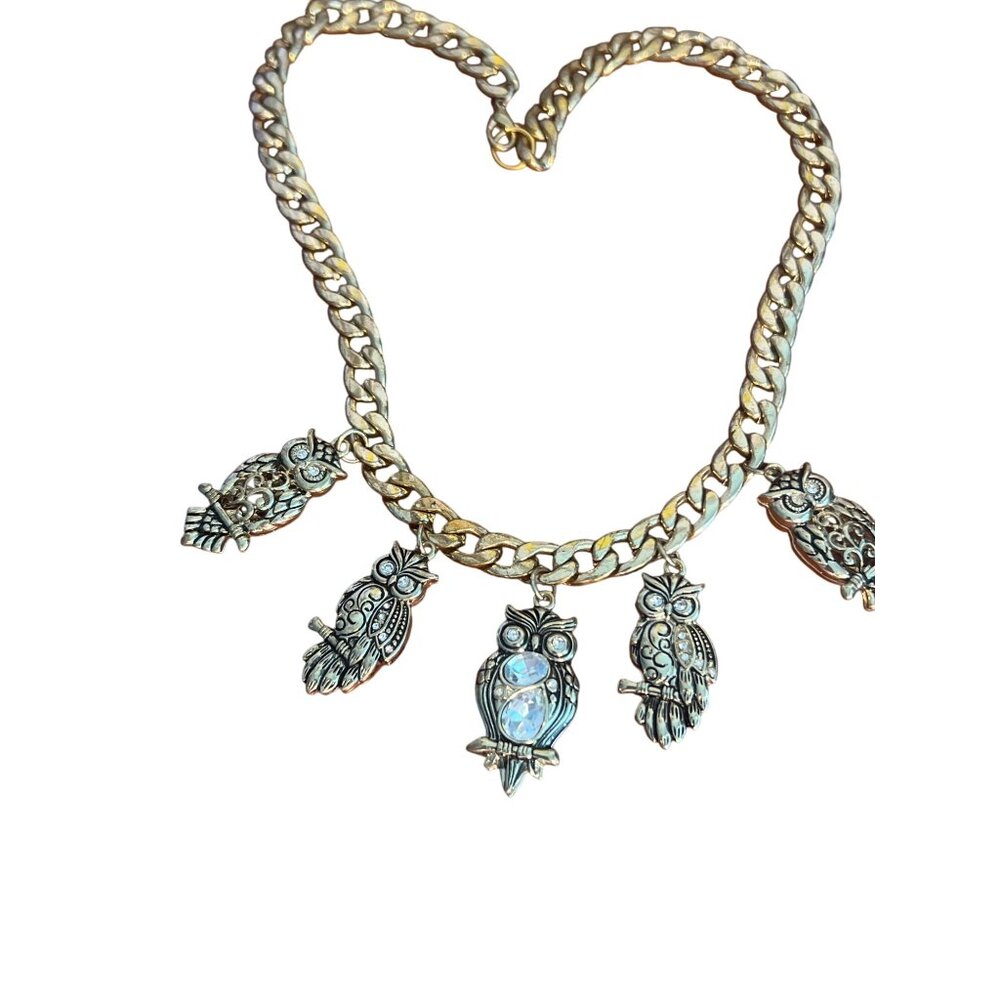 Cuban Link Gold Tone Necklace Owl Charms Clear Rhinestones Chunky Statement 18"